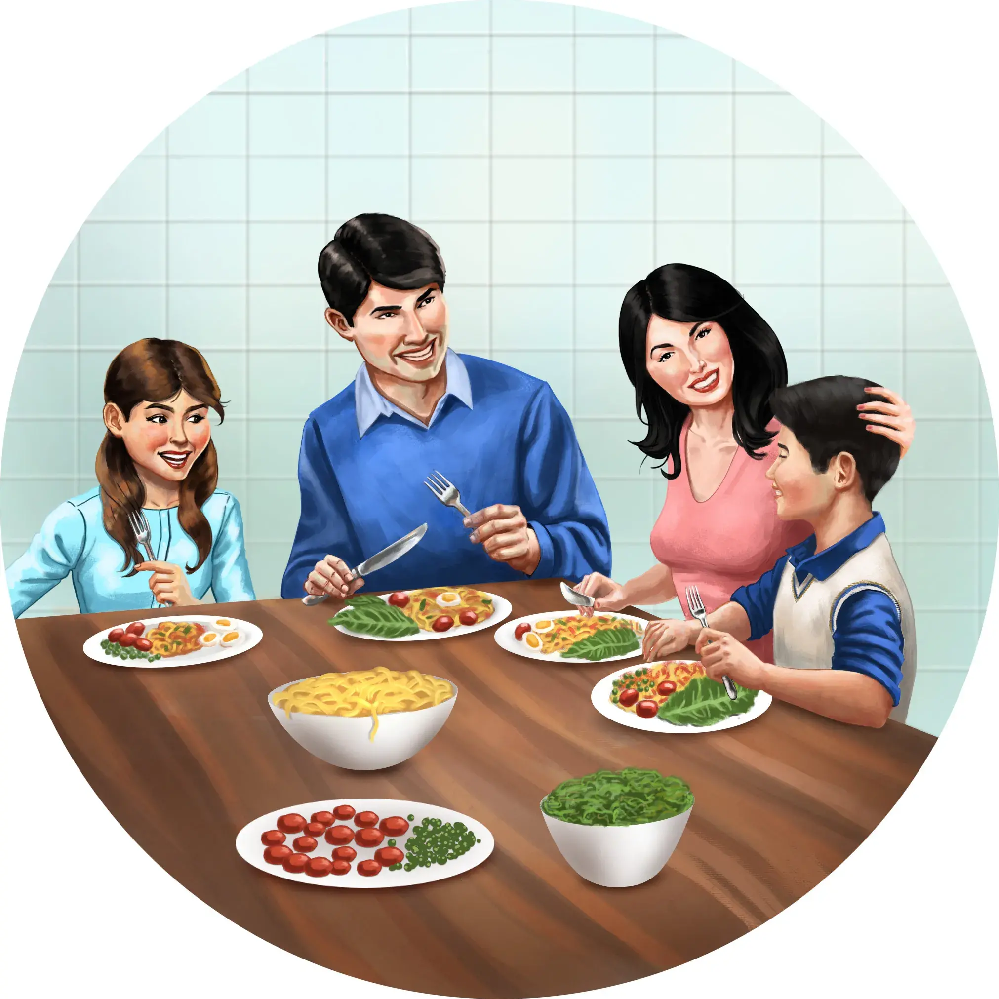 Card - Jantar em família - Pai, mãe, filho e filha sentados à mesa - Educação Infantil - Samia Marsili - Ilustrado por André Martins