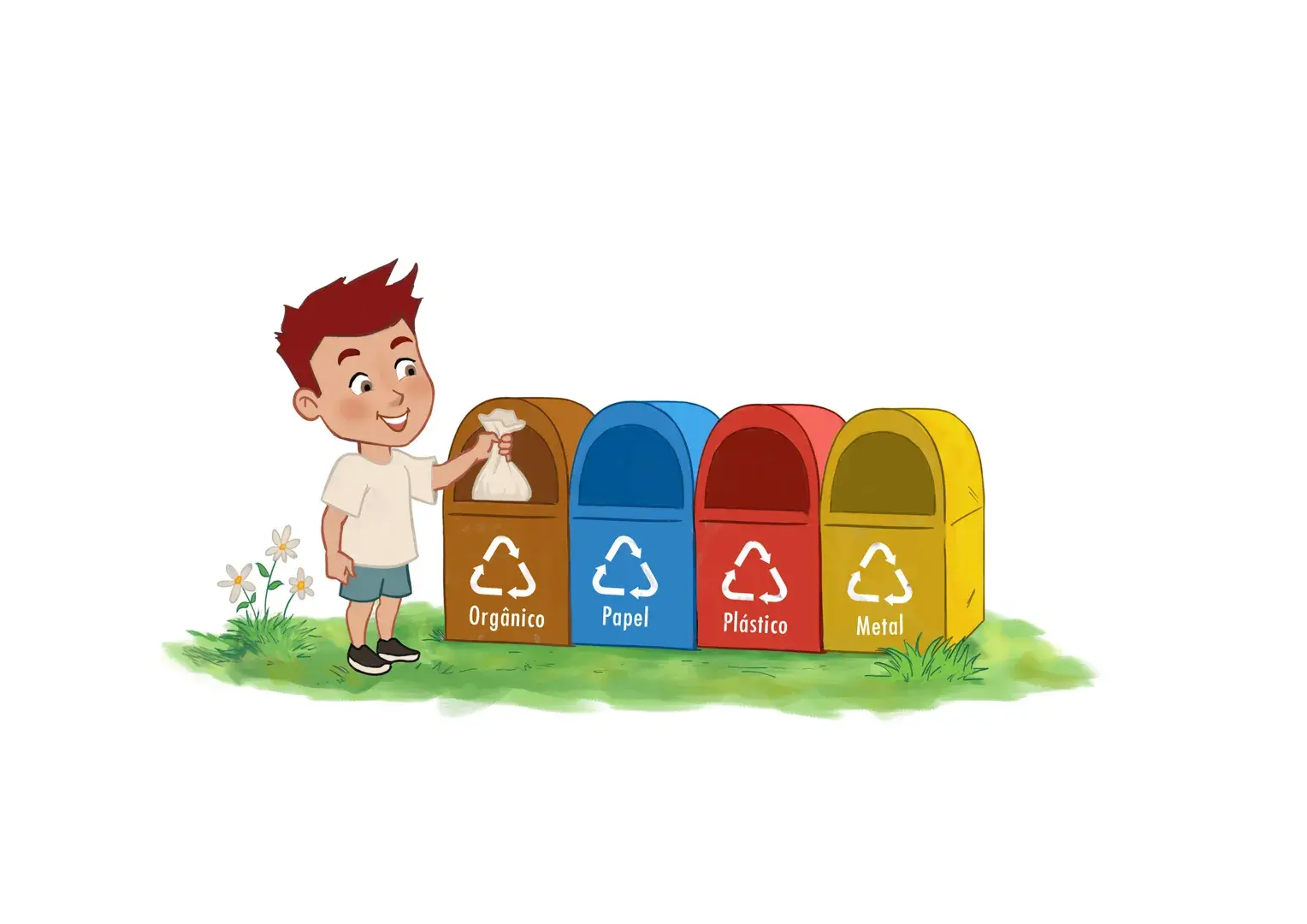 Menino reciclando lixo - Ilustrado por André Martins